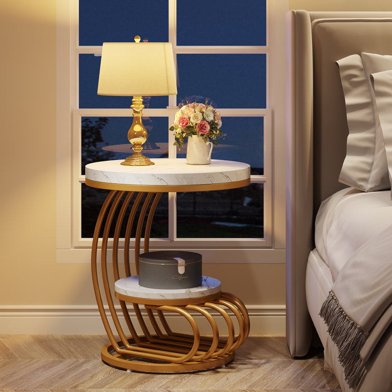 2-Tier Round End Side Table Set, White, Gold