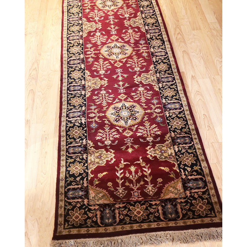 Tapis bourgogne / noir en laine noué à la main Ella-May Tabriz, Tapis de couloir 2 pi 6 po x 10 pi