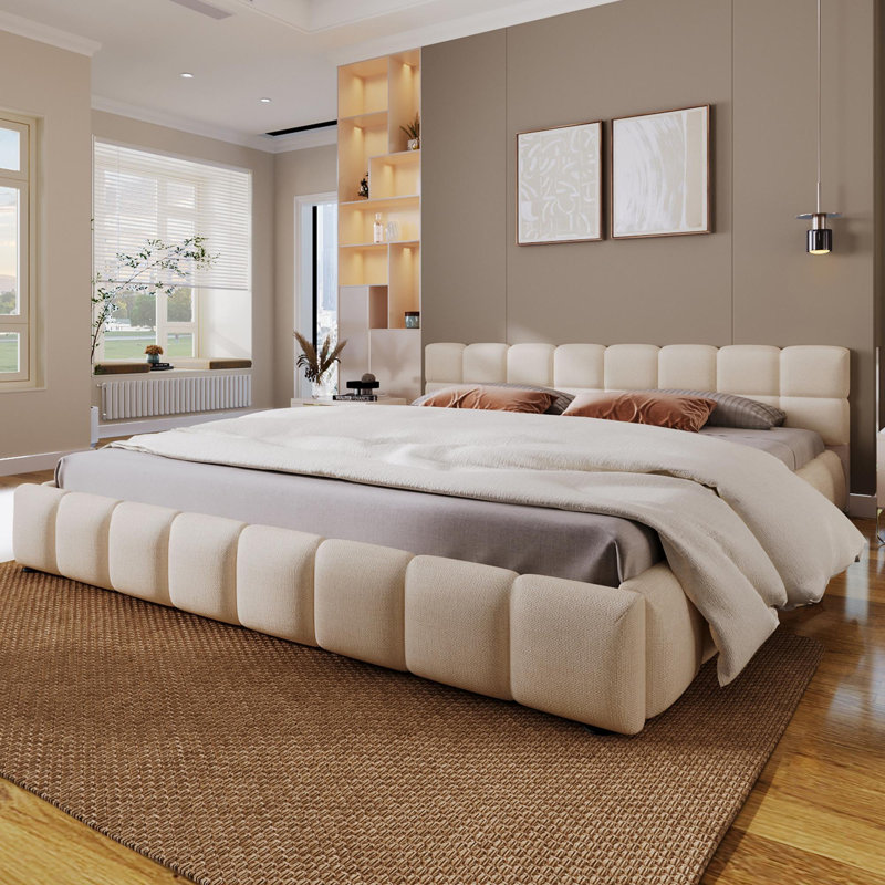 Elegant Beige Chenille Upholstered Bed with Checkerboard Design, King, Beige, King
