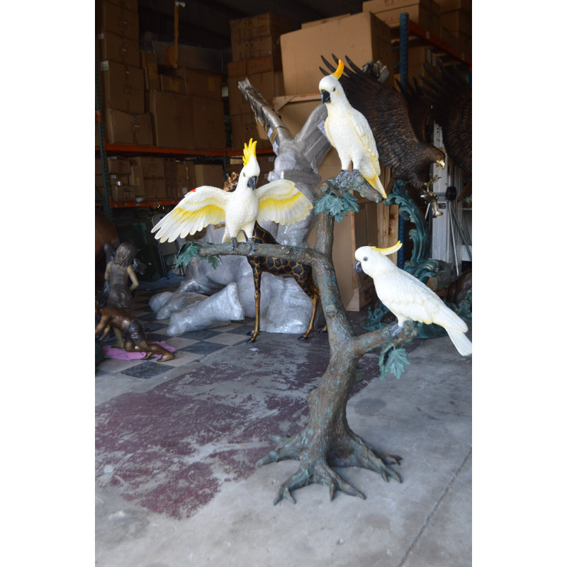 Bronze Tropical Cockatoo Tree Statue with Hand-Painted Finish