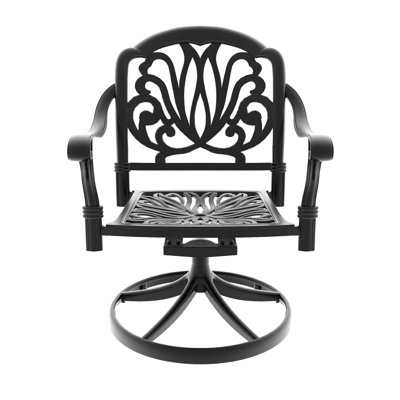 L'ensemble de salle à manger toutes saisons en fonte d'aluminium comprend 4 chaises pivotantes et une table rectangulaire avec cadre noir