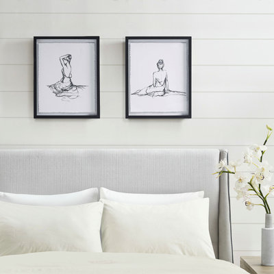 2 Framed Wall Art - Sketch Of Women Black And White With Glass Deckled Paper Artist Elegant Edge Print Matt
