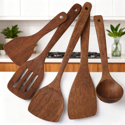 5-Piece Natural Rosewood Kitchen Utensil Set - Wooden Spatula And Soup Ladle For Cooking, Frying, And Stirring