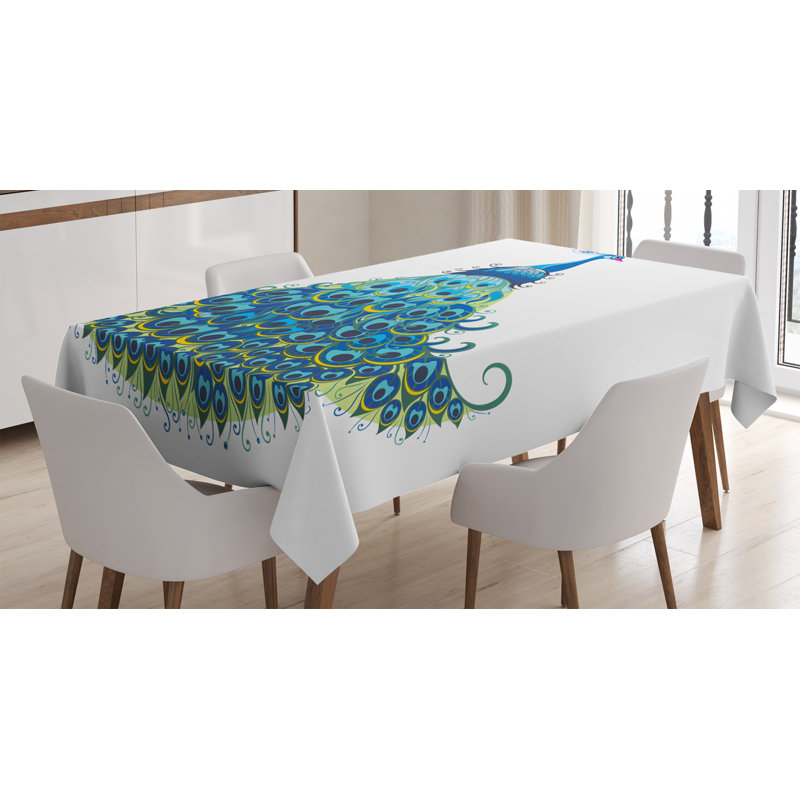 Peacock Tablecloth, Peacock Illustration Floral Classical Curvy Design Tropics Wildlife Theme, Rectangular Table Cover For Dining Room Kitchen Decor, 60" X 90", Blue Yellow