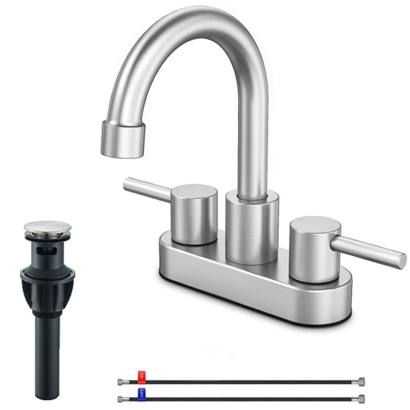 Robinet de lavabo Mosson contemporain en nickel brossé à deux poignées, fixation à 2 trous et bonde escamotable.