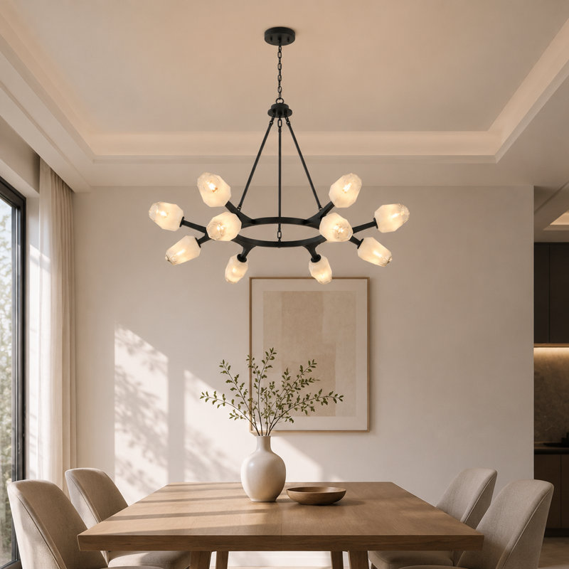 Lustre 12 lumières moderne avec abat-jour géométrique en verre
