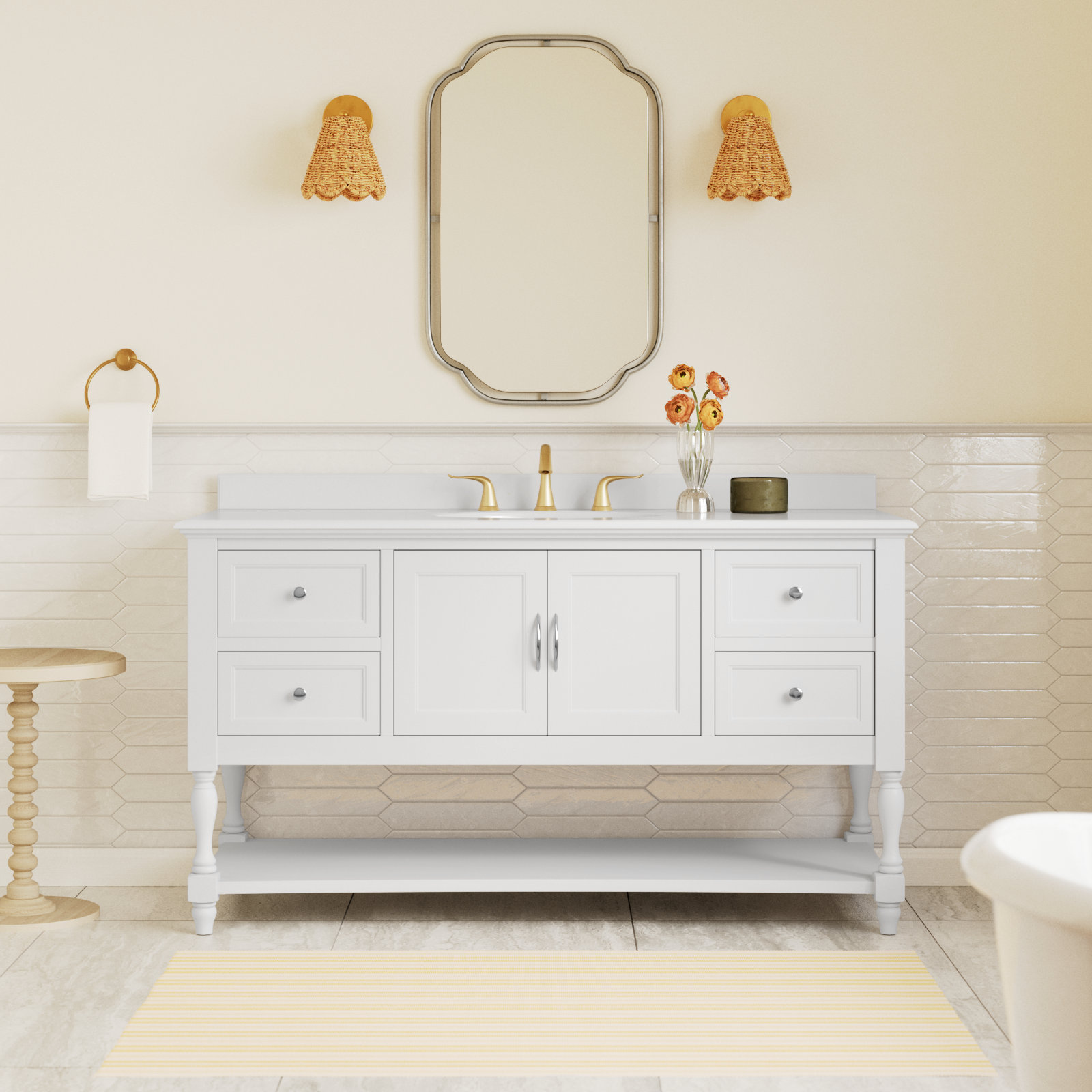 Hampton 60'' Single Bathroom Vanity, White, Quartz