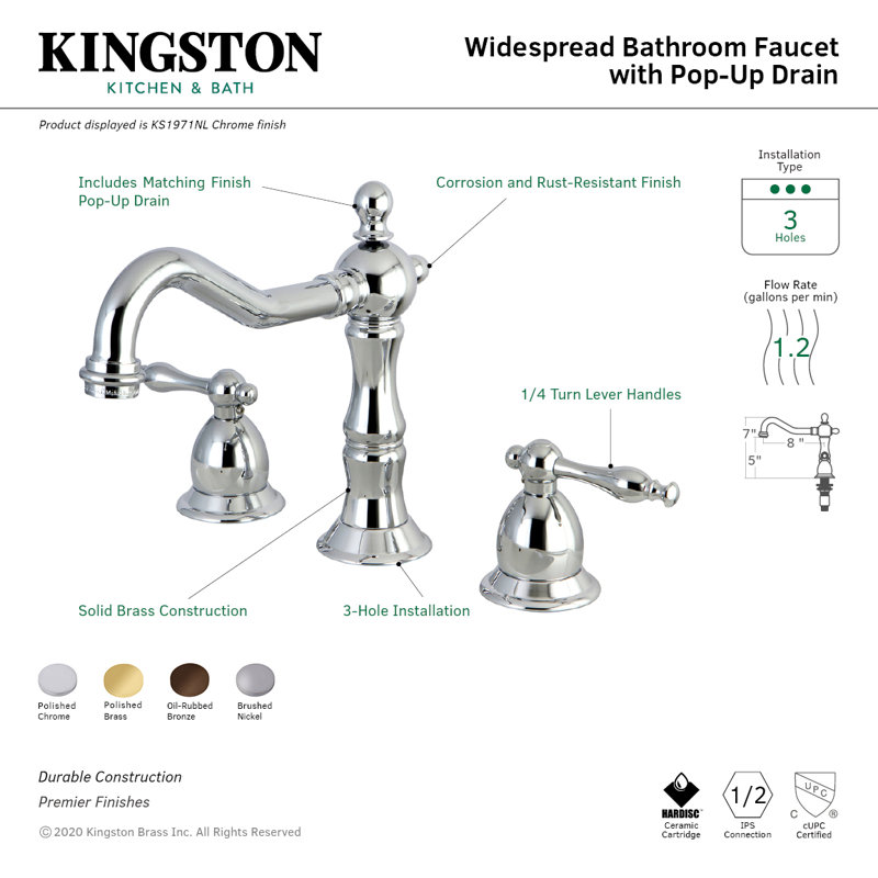 Robinet de salle de bain espacé Kingston, Laiton poli
