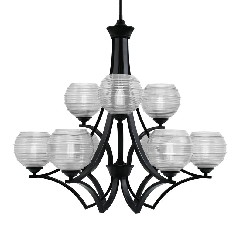 Lustre 9 lumières Zilo illustré avec verre nervuré 6 po Zilo, Verre nervuré fumé, Noir mat