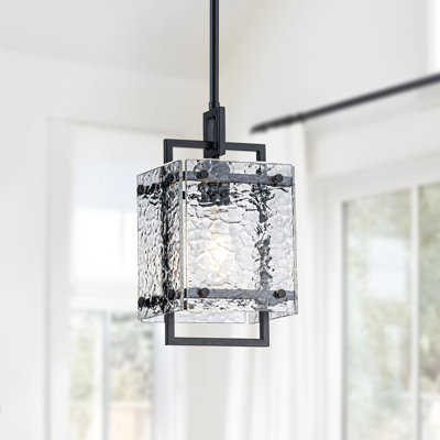 1-Light Modern Black Square Pendant Light with Clear Water Ripple Glass Shade for Kitchen Island