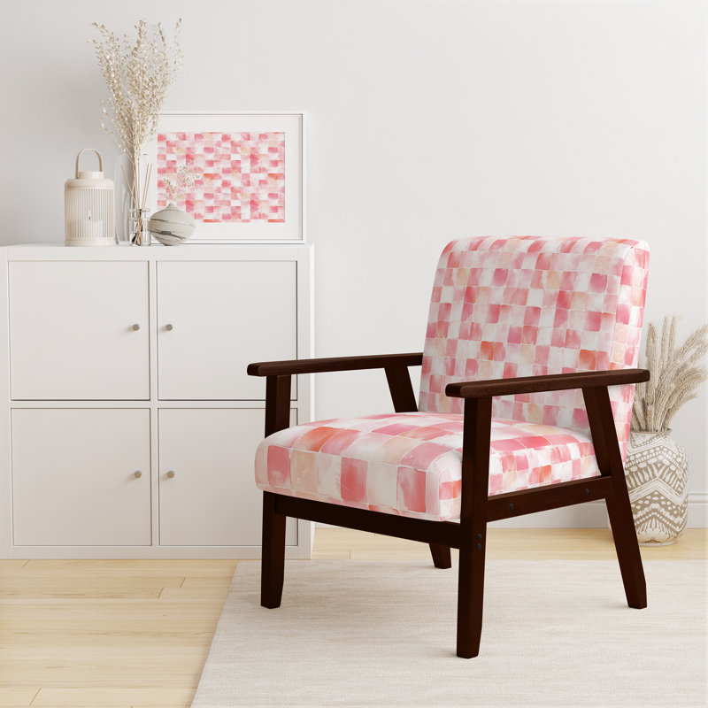 Chaise rembourrée Patchwork - rose et blanc, Accoudoirs carrés bruns