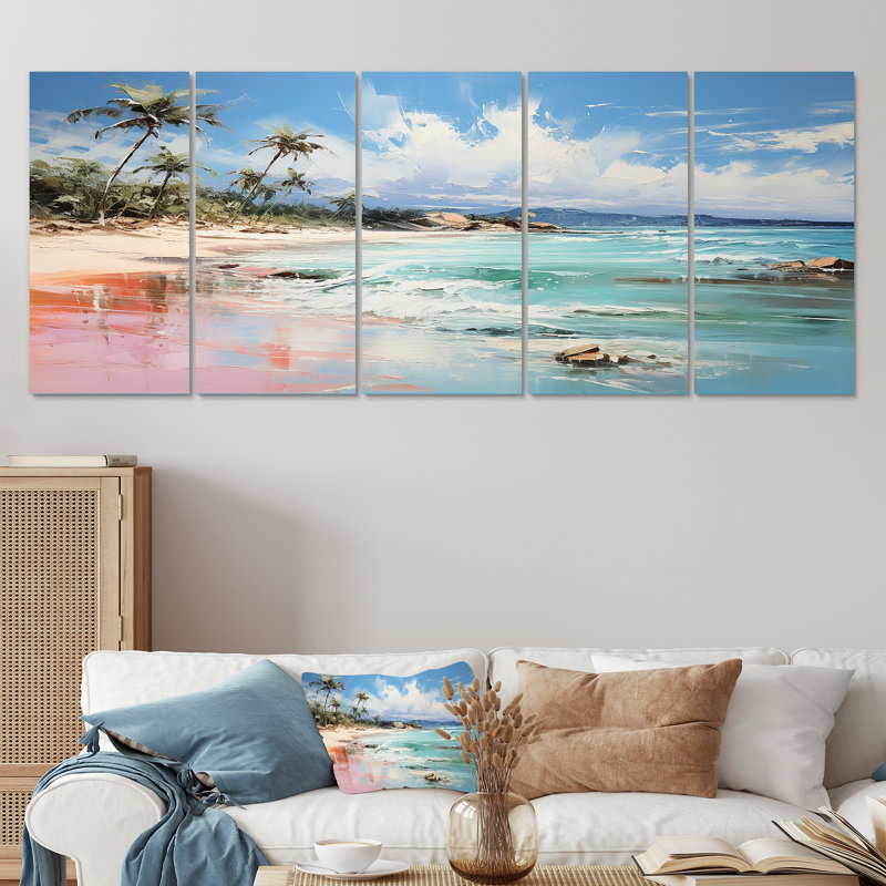 «Green Tropical Beach Escape I - Coastal Tropical», art mural sur toile 5 pièces, H 28 po x l 60 po
