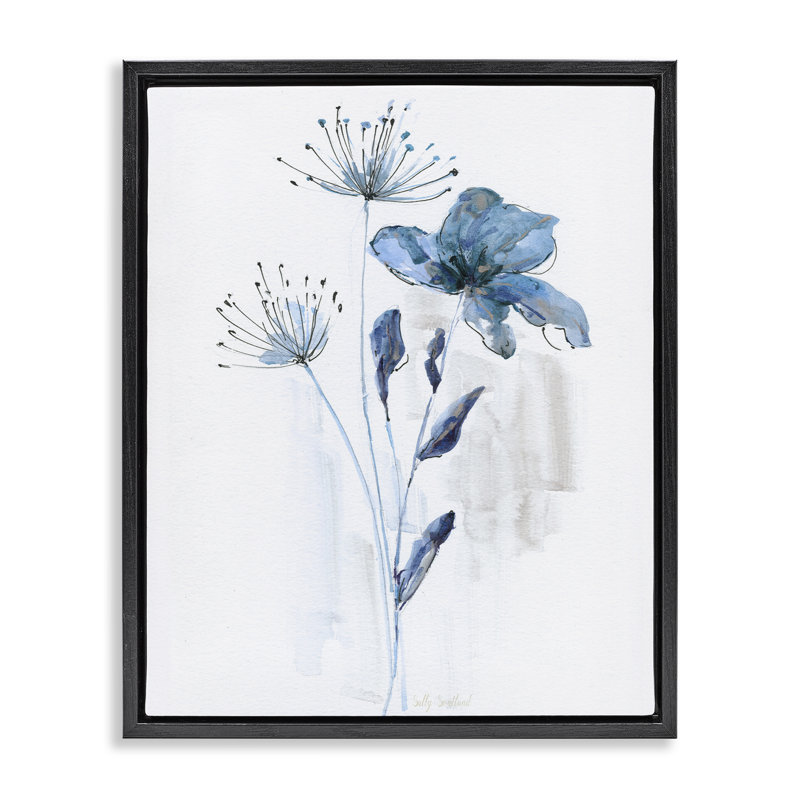 "Blue Flower & Herb Branches", art mural encadré par Sally Swatland, H 21 po x l 17 po, Cadre flottant noir de jais