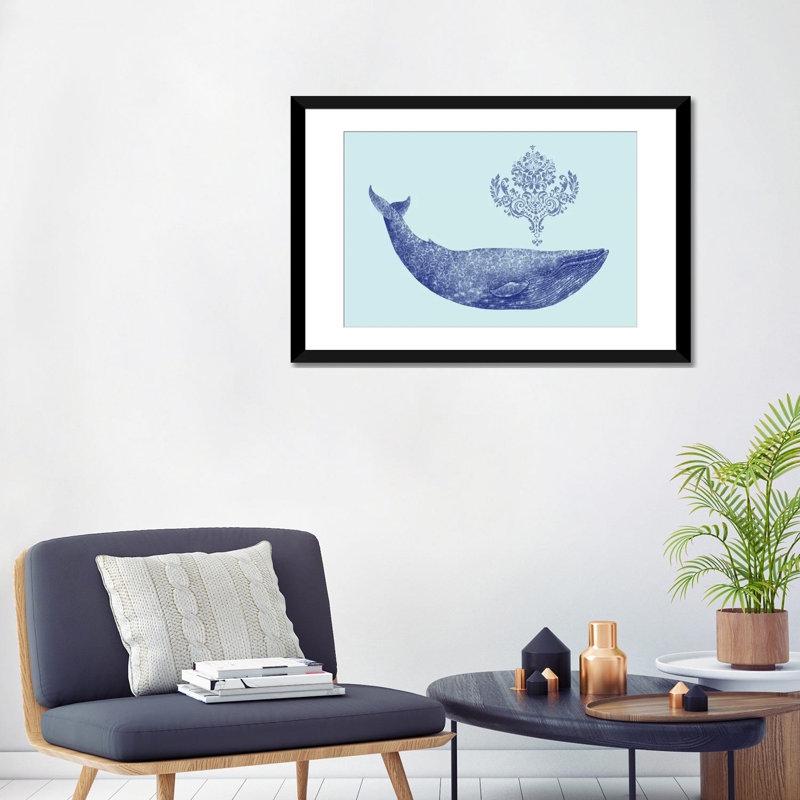 «Damask Whale # 2», impression sur toile, H 24 po x l 32 po x P 1 po, Papier beaux-arts encadré noir, Blanc