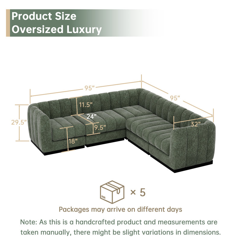 Myrhn 5-Piece Chenille Modular Sectional, Deep Seat L-Shaped Sofa With Solid Wood Base, Green Chenille