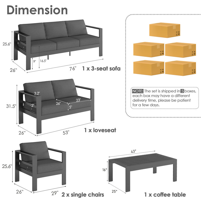 Tempie 7 - Person Patio Conversation Sets with Cushions, Dark Grey/Dark Grey
