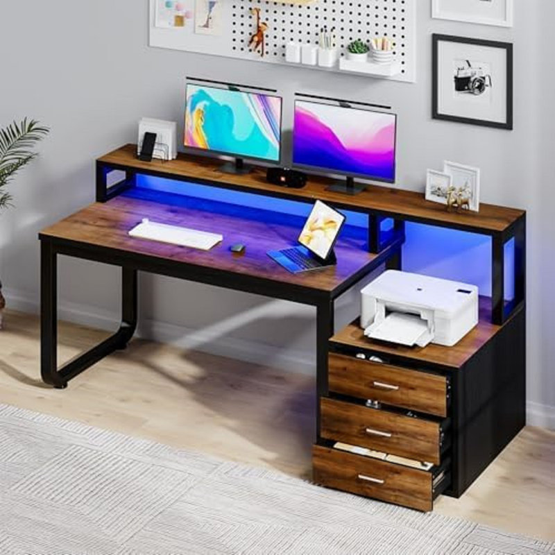 Computer Desk with Power Outlet, Brown/Black