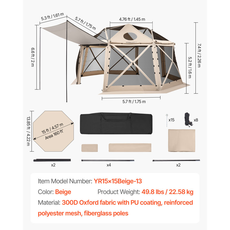 Pop up Gazebo Screen Tent, 15 x 15 ft, 13-Sided Spherical Camping Canopy Tent with Removable Top & Carry Bag, Quick-Set & Bite-Proof, Screen House Sun Shelter for 12-15 Persons, Beige