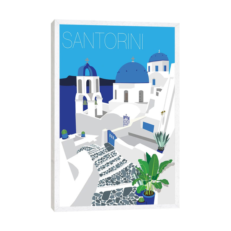 Santorini With Typography by Jen Bucheli - Print on Canvas, White Framed, 152.4cm H x 101.6cm W x 3.81cm D