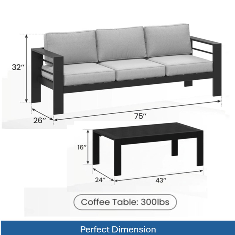 Ensemble de patio extérieur 2 pièces, canapé de patio 3 places en métal résistant aux intempéries de 190 cm (75 po) avec coussins épais gris pâle, structure noire et table basse de 109 cm (43 po).