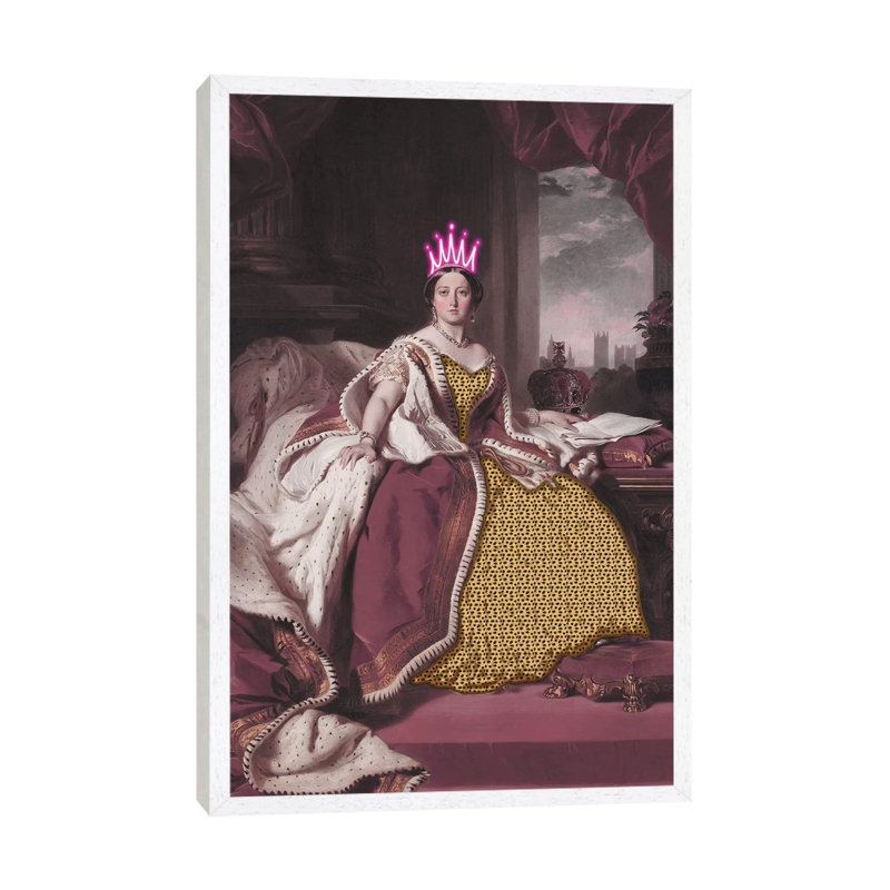 Queen Victoria with Neon Crown 1 Piece Wall Art on Canvas, 66.04cm H x 45.72cm W x 3.81cm D, White Framed