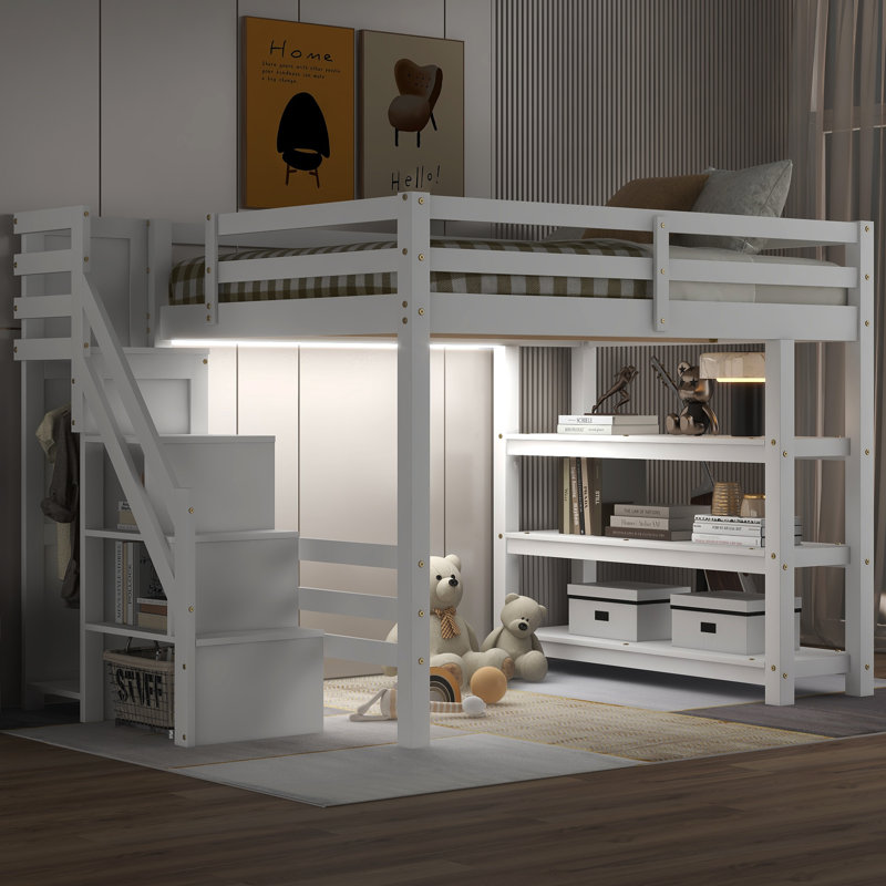 Lit mezzanine avec tablettes, escalier de rangement, petite armoire et lumière DEL blanche, blanc, Double
