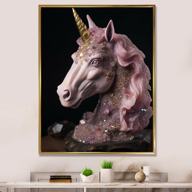 Portrait de licorne glam rose avec corne d'or sur toile, H 32 po x l 16 po, Cadre flottant doré
