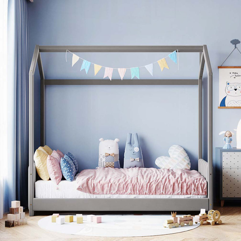 Lit en bois Velvet House, Lit simple, Gris
