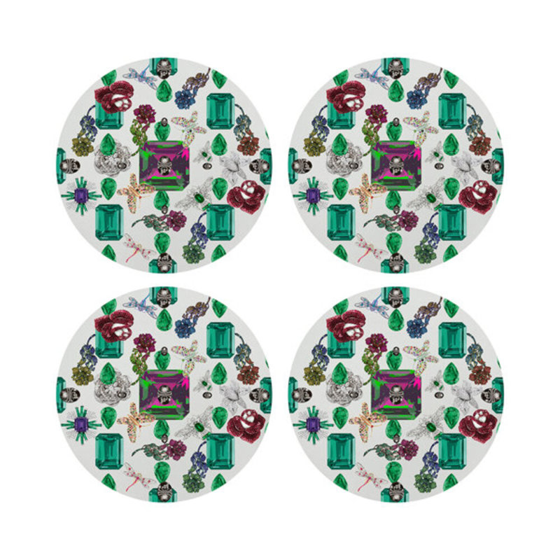 Jewel Box Emeralds Vegan Leather Round Pebble Placemat, White