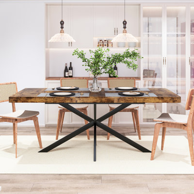 Retro Rectangular Stretch Dining Table, Brown Antique Wood Top, Storage Function, High - Quality , Easy Assembly Table 55.11"-70.86" With Top And Reli