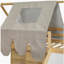Wooden cabin frame with a tented loft bed