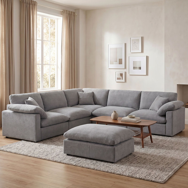 110" W 6-Piece Modular Sectional Corner Sofa Oversized Chenille Upholstered Deep Seat Couch With Removable Ottoman & Pillows