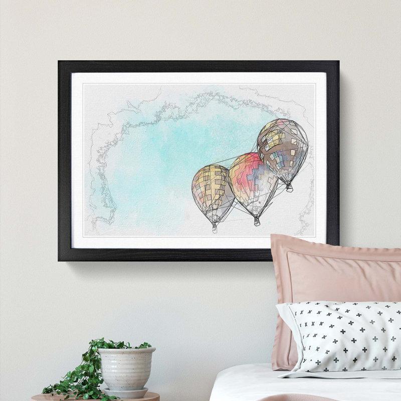 A Trio of Hot Air Balloons in Abstract - Framed Print, Black Framed, 48cm H x 65cm W x 2cm D