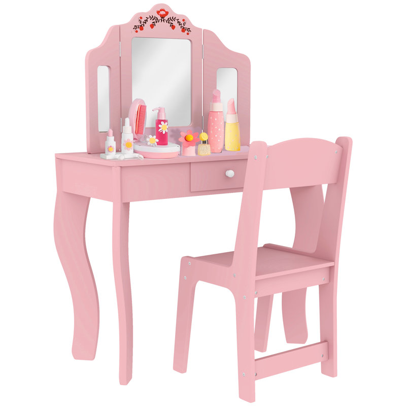 Coiffeuse pour enfants avec miroir à trois plis, tabouret, rose