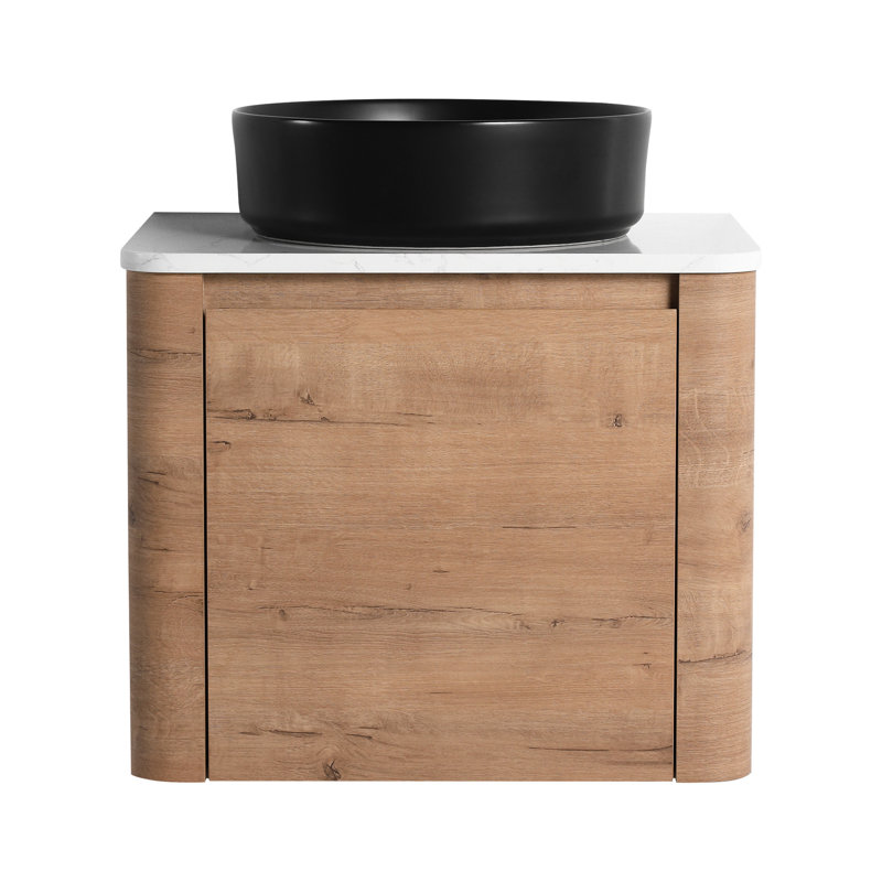 Meuble-lavabo mural de 24 po avec lavabo d'art en céramique, porte à fermeture douce, dalle de pierre plate blanche et base en contreplaqué silencieux de 24 po 1, bords arrondis, nettoyage facile