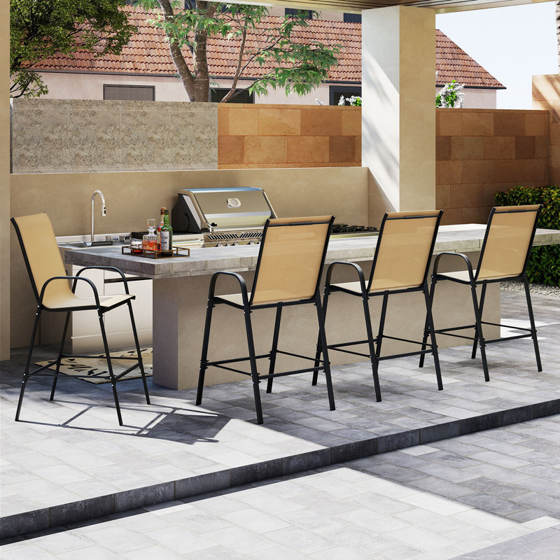4PCS Outdoor Bar Stools 29'' Fabric Bar Height Stools w/ Armrests & Footrest Beige, Beige