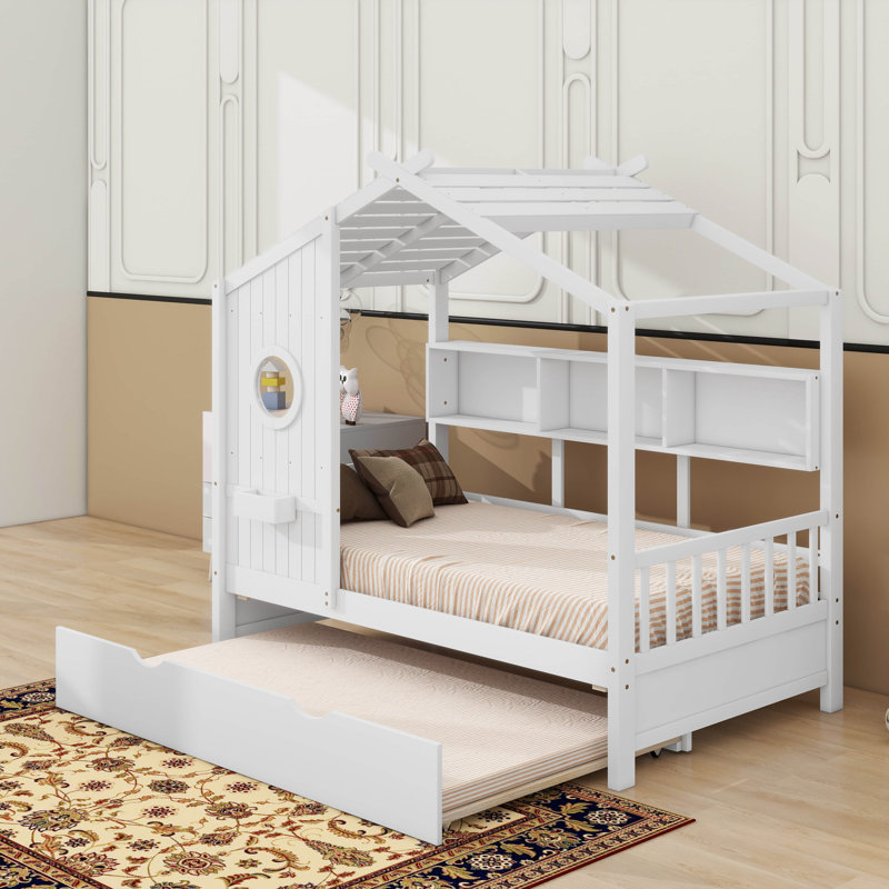 Lit avec lit gigogne Asahn, Lit simple, Blanc