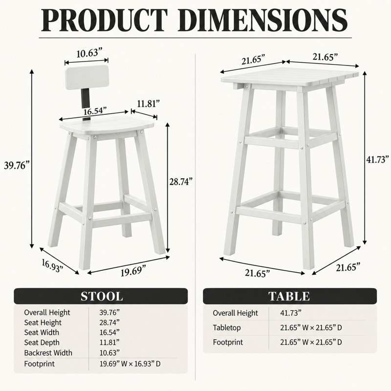 Ensemble de table de bar avec 2 tabourets, table haute carrée de 107 cm (42 pouces), aspect bois texturé blanc, tabourets avec dossier et repose-pieds, gain de place pour terrasse, jardin ou balcon.