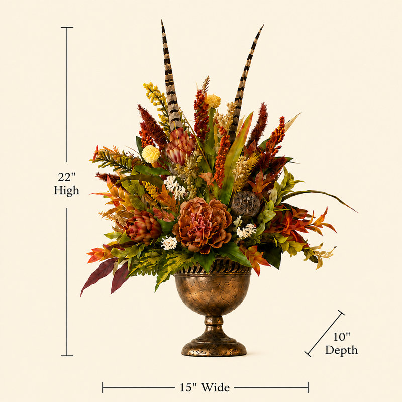 Wildflower and Feather Floral Arrangement in Vase - One Sided 
