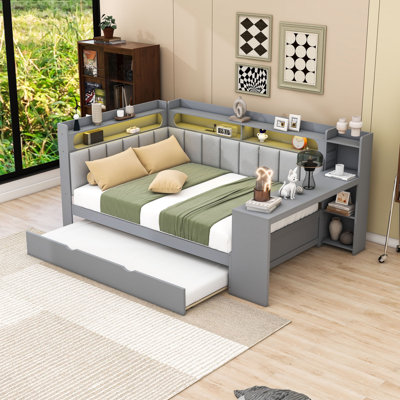 Daybed with Shelves,Trundle,Charging Station,LED Light and Desk