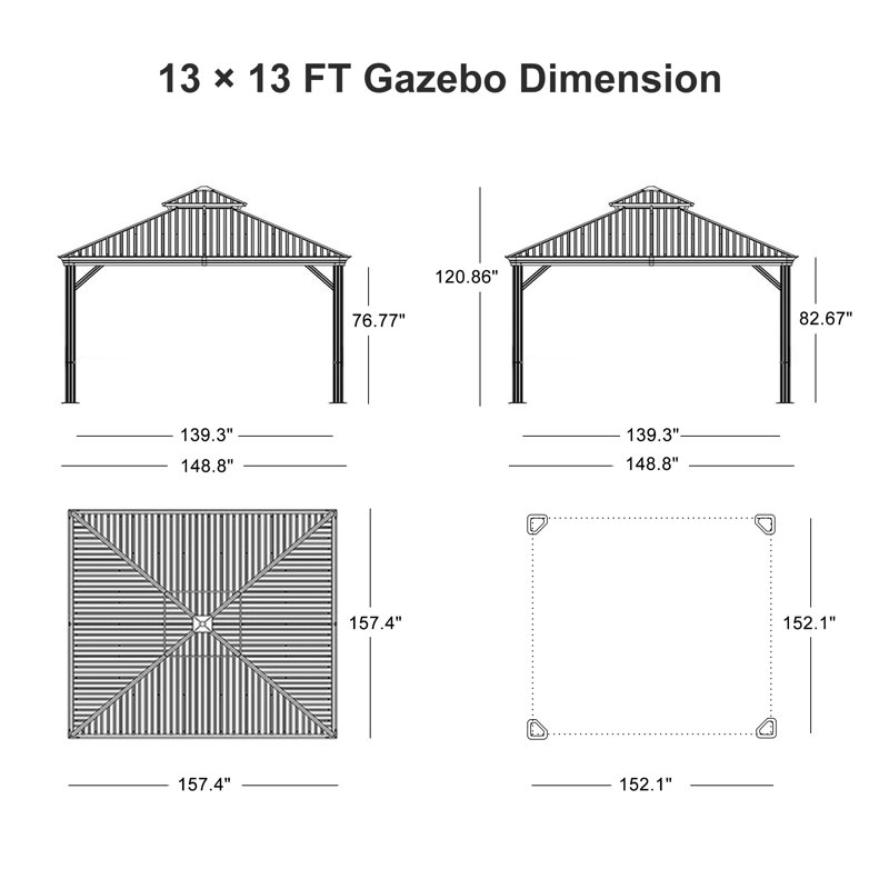 Pavillon de jardin permanent en aluminium avec toit double en acier galvanisé à toit rigide de 13 pi x 13 pi pourpre pour terrasse et jardin, rideaux et filet inclus, gris