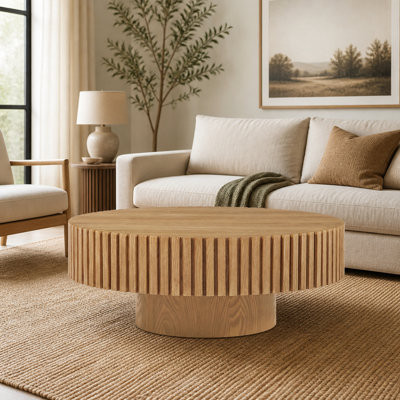 35.43" Round Wood Coffee Table for Living Room, Modern Handcraft Drum Coffee Table, Circle Wooden Coffee Table for Small Apartment, Ash