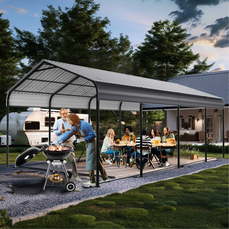 1220 Ft Metal Carport Shed - Weather Resistance Garage Gray Heavy-Duty Galvanized Steel Roof For Stability