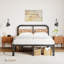 Grand lit plateforme en métal noir avec tête de lit en bois massif de 40 po, rangement sous le lit, support silencieux, aucun sommier requis-1026695247-1034755527
