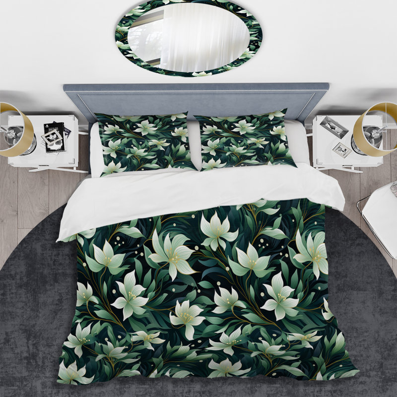Ensemble de housse de couette Green Floral Flourish Elegance, Housse de couette simple + 1 taie décorative stan