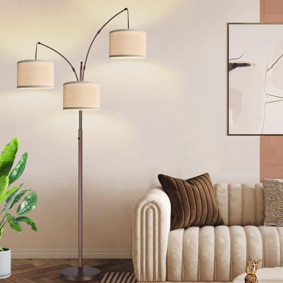 Dimmable 3-Light Arc Floor Lamp With Beige Linen Shades - Tall Lighting For Living Room, Bedroom, Office