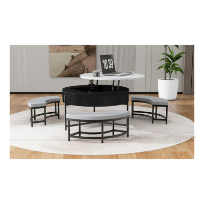 Table basse moderne à plateau relevable avec rangement et 3 repose-pieds blanc et noir
