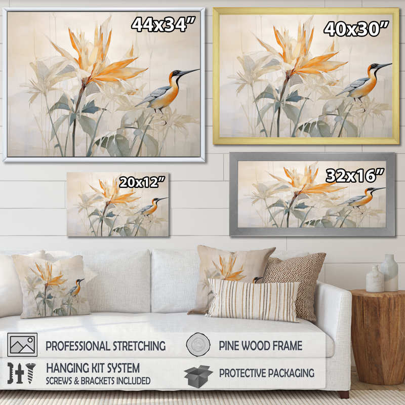 Minimalisme, oiseaux du paradis, fleurs, impression sur toile, Noir, H 30 po x l 40 po x P 1,5 po