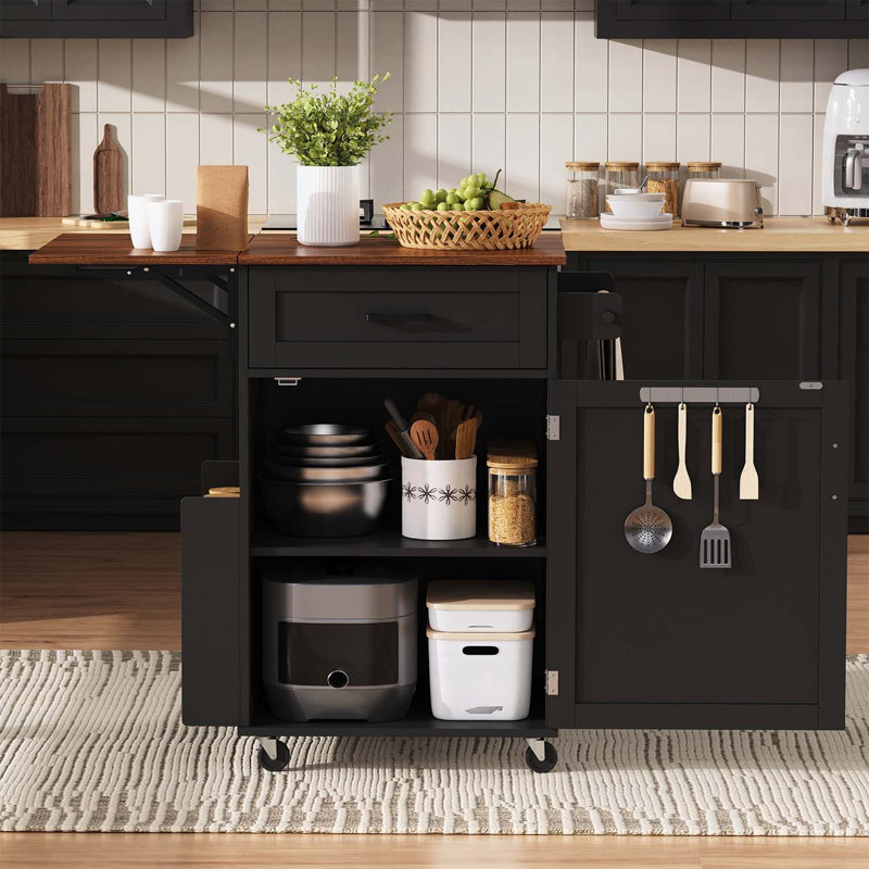 Îlot de cuisine polyvalent avec abattant, rangement et roulettes pour une utilisation efficace de l'espace, Noir