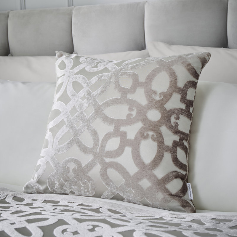 Lattice Cut Velvet Embellished 43x43cm Cushion with Inner, Natural